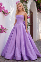 Load image into Gallery viewer, Lilac Corset Strapless A Line Ruched Long Prom Dress with Bow