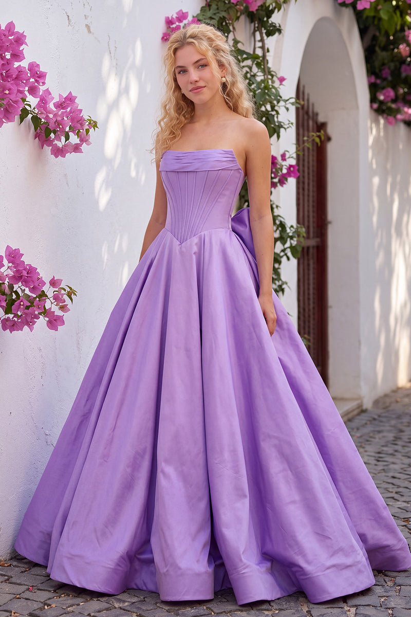 Load image into Gallery viewer, Lilac Corset Strapless A Line Ruched Long Prom Dress with Bow