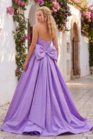 Load image into Gallery viewer, Lilac Corset Strapless A Line Ruched Long Prom Dress with Bow
