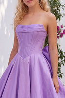 Load image into Gallery viewer, Lilac Corset Strapless A Line Ruched Long Prom Dress with Bow