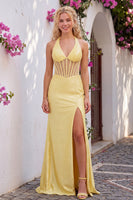 Load image into Gallery viewer, Sparkly Bright Yellow Mermaid Halter Beaded Corset Long Prom Dress with Slit