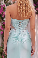 Load image into Gallery viewer, Aqua Corset Sweetheart Cut Out Ruched Long Prom Dress with Slit