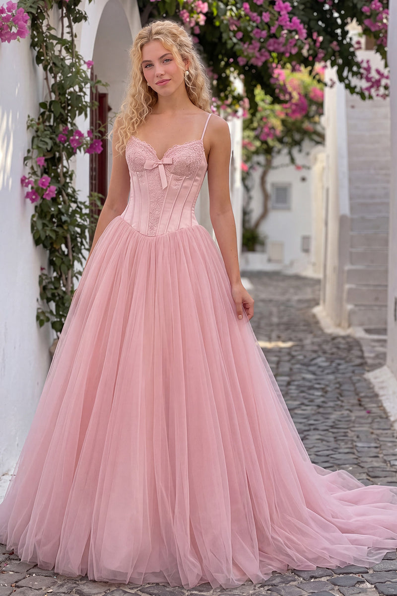 Load image into Gallery viewer, Corset Blush Pink A Line Spaghetti Straps Long Prom Dress with Bow