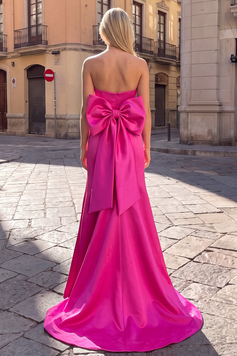 Queendancer Women Satin Fuchsia Mermaid Long Prom Dress with Slit ...