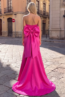 Fuchsia Satin Mermaid Strapless Long Prom Dress with Bow`