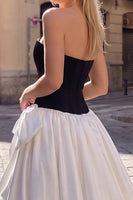 Load image into Gallery viewer, Black White Patchwork Strapless Satin High-Low Prom Dress with Bow