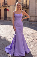 Load image into Gallery viewer, Mermaid Taro Purple Satin Square Neck Long Prom Dress with Pearls