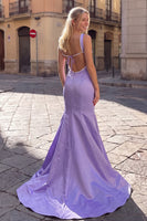 Load image into Gallery viewer, Mermaid Taro Purple Satin Square Neck Long Prom Dress with Pearls