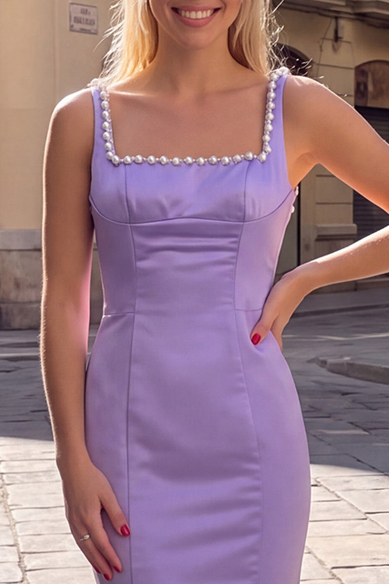 Load image into Gallery viewer, Mermaid Taro Purple Satin Square Neck Long Prom Dress with Pearls
