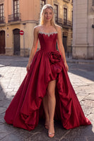 Load image into Gallery viewer, Beaded Burgundy Corset A Line Strapless Corset Satin High-Low Prom Dress with 3D Flowers