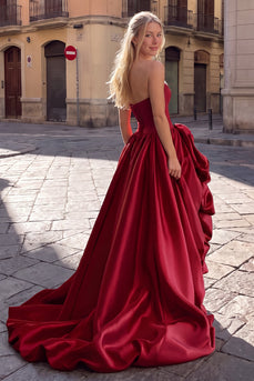 Beaded Burgundy Corset A Line Strapless Corset Satin High-Low Prom Dress with 3D Flowers