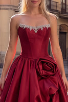 Load image into Gallery viewer, Beaded Burgundy Corset A Line Strapless Corset Satin High-Low Prom Dress with 3D Flowers