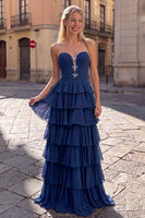 Load image into Gallery viewer, Ruffled Navy Sweetheart Chiffon A-Line Long Prom Dress with Bow