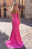 Load image into Gallery viewer, Mermaid Fuchsia Corset Beaded Strapless Long Prom Dress with Bow