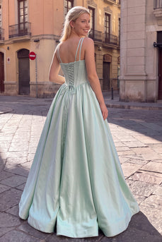 Corset Pastel Green Ruched Satin Beaded Spaghetti Straps Long Prom Dress