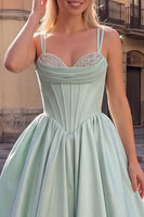 Load image into Gallery viewer, Corset Pastel Green Ruched Satin Beaded Spaghetti Straps Long Prom Dress