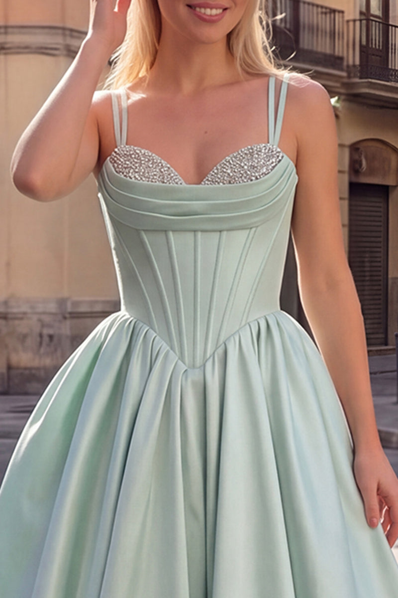 Load image into Gallery viewer, Corset Pastel Green Ruched Satin Beaded Spaghetti Straps Long Prom Dress