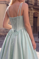 Load image into Gallery viewer, Corset Pastel Green Ruched Satin Beaded Spaghetti Straps Long Prom Dress