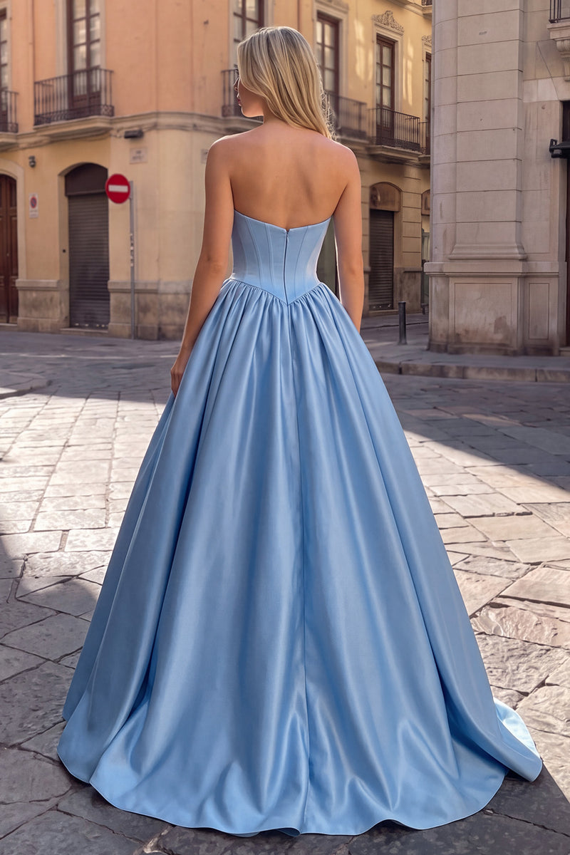 Load image into Gallery viewer, Beaded Sky Blue Strapless Corset A Line Long Prom Dress with Keyhole