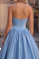 Load image into Gallery viewer, Beaded Sky Blue Strapless Corset A Line Long Prom Dress with Keyhole