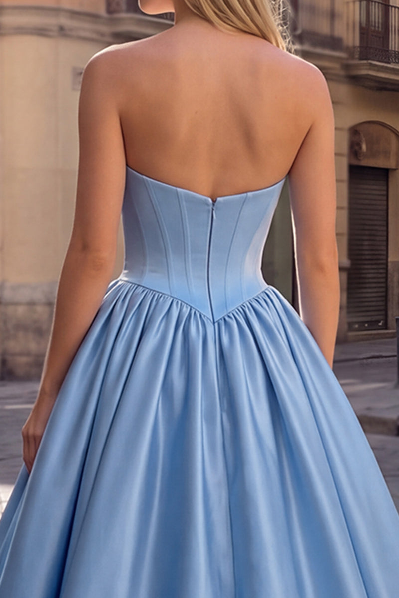 Load image into Gallery viewer, Beaded Sky Blue Strapless Corset A Line Long Prom Dress with Keyhole