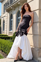 Load image into Gallery viewer, Mermaid Black White Ruffled Satin Strapless High-Low Prom Dress with Bow