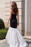 Load image into Gallery viewer, Mermaid Black White Ruffled Satin Strapless High-Low Prom Dress with Bow
