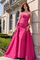 Load image into Gallery viewer, A-Line Fuchsia Satin Strapless Long Prom Dress with 3D Flowers