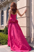 Load image into Gallery viewer, A-Line Fuchsia Satin Strapless Long Prom Dress with 3D Flowers