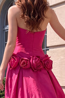 Load image into Gallery viewer, A-Line Fuchsia Satin Strapless Long Prom Dress with 3D Flowers