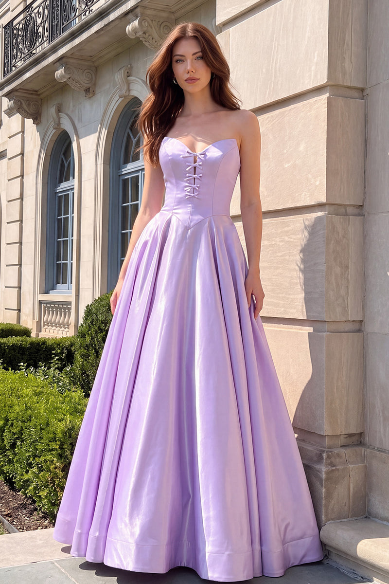 Load image into Gallery viewer, Corset Lilac Satin A-Line Strapless Long Prom Dress with Bows