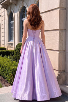 Corset Lilac Satin A-Line Strapless Long Prom Dress with Bows