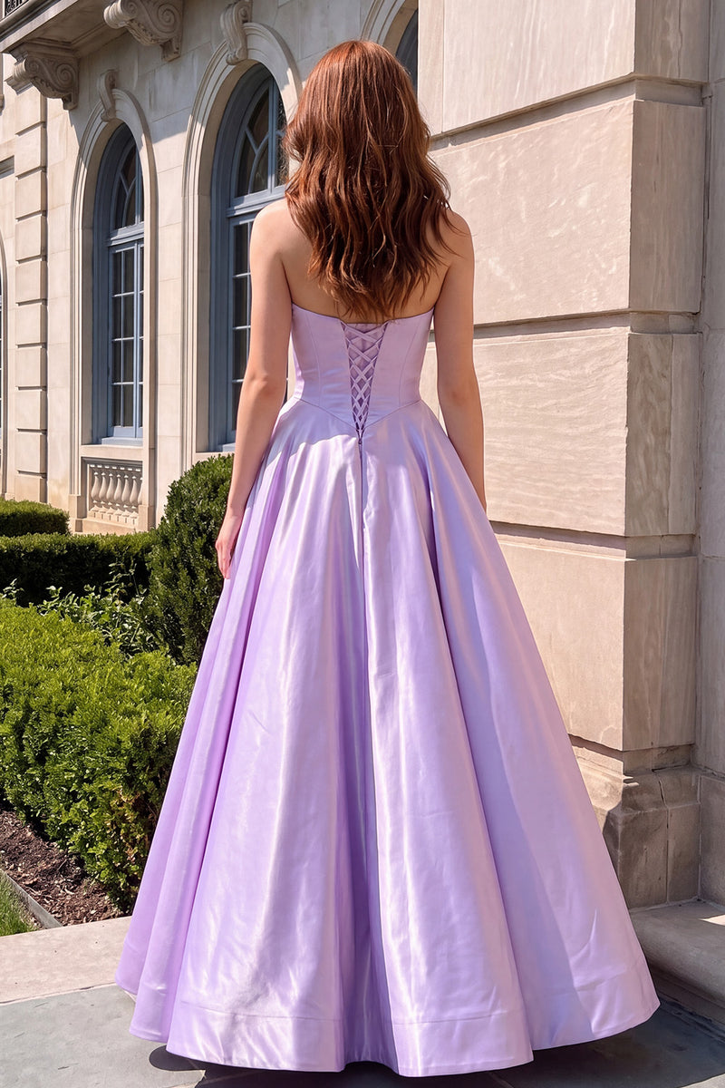Load image into Gallery viewer, Corset Lilac Satin A-Line Strapless Long Prom Dress with Bows