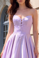 Load image into Gallery viewer, Corset Lilac Satin A-Line Strapless Long Prom Dress with Bows