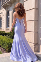 Load image into Gallery viewer, Sparkly Light Blue Corset Strapless Mermaid Long Prom Dress with Slit