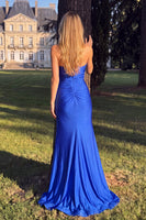 Load image into Gallery viewer, Ruched Royal Blue Satin Strapless Mermaid Long Prom Dress