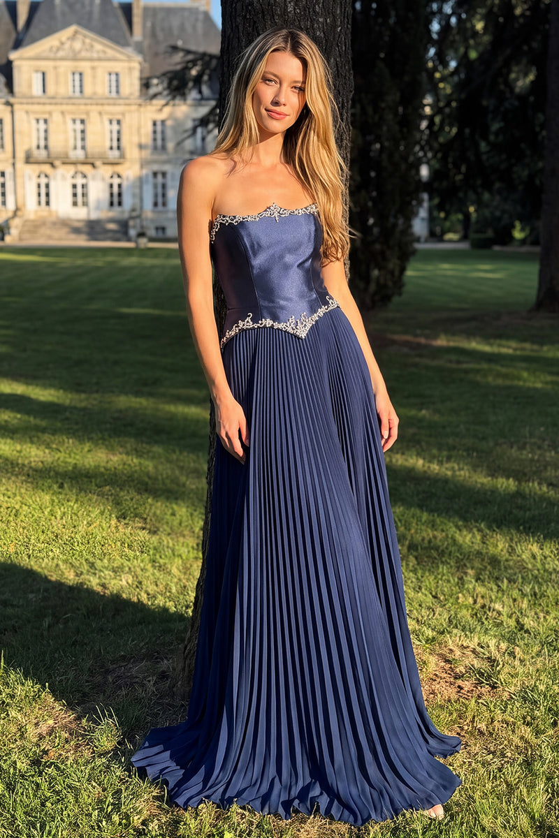 Load image into Gallery viewer, Pleated Navy Strapless A-Line Long Prom Dress with Beading