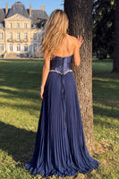 Load image into Gallery viewer, Pleated Navy Strapless A-Line Long Prom Dress with Beading