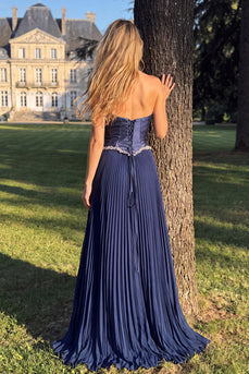Pleated Navy Strapless A-Line Long Prom Dress with Beading