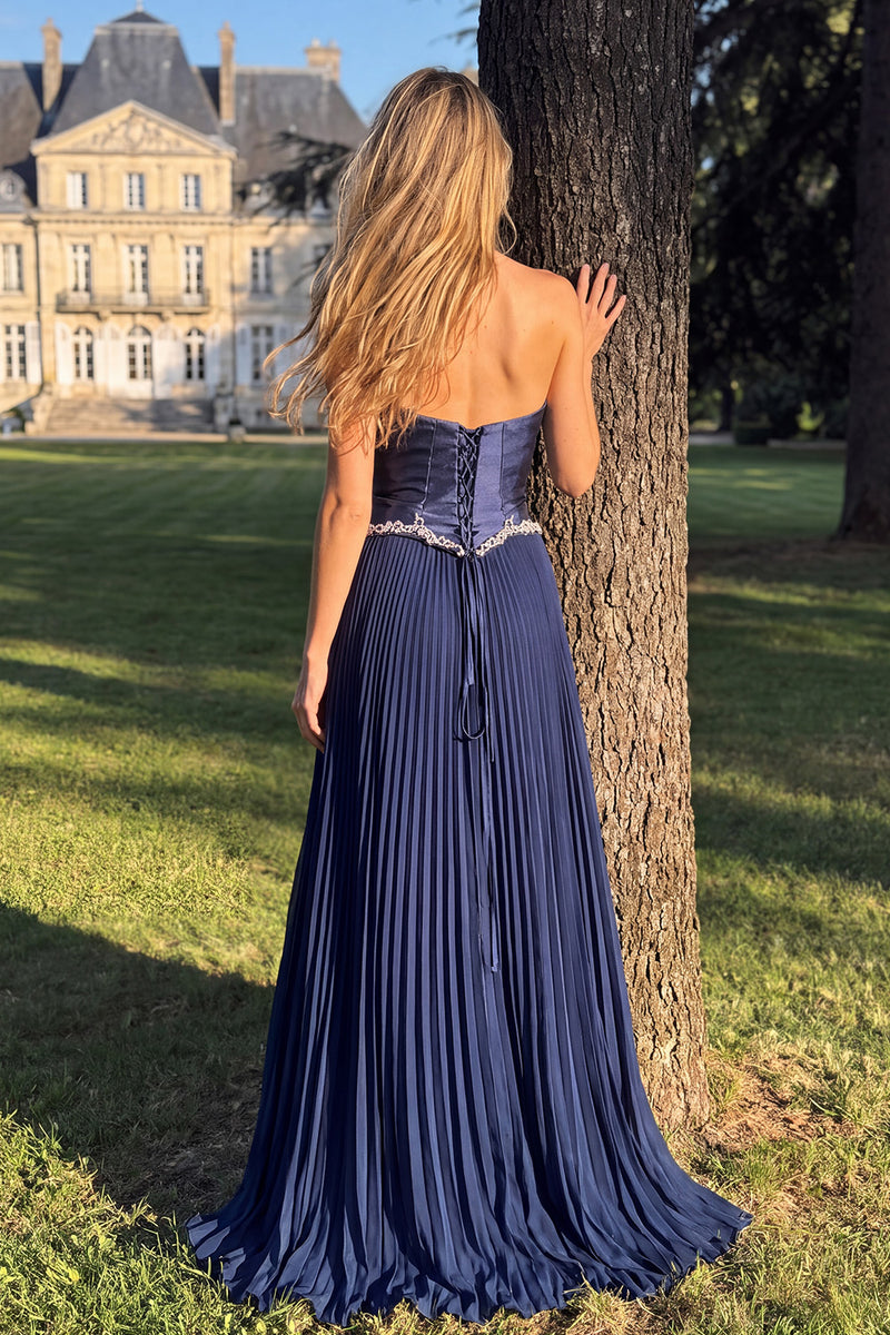 Load image into Gallery viewer, Pleated Navy Strapless A-Line Long Prom Dress with Beading