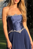 Load image into Gallery viewer, Pleated Navy Strapless A-Line Long Prom Dress with Beading