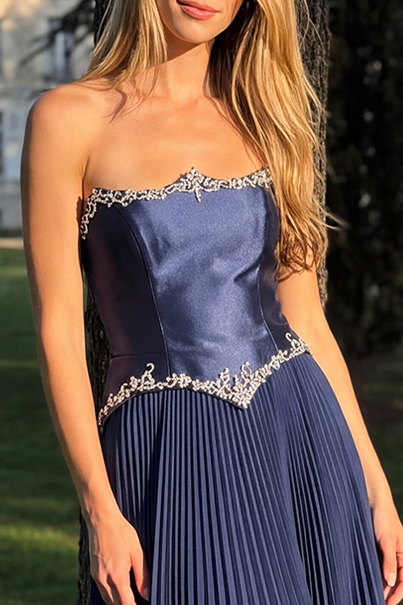 Load image into Gallery viewer, Pleated Navy Strapless A-Line Long Prom Dress with Beading