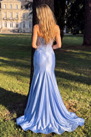 Load image into Gallery viewer, Corset Light Blue Mermaid Ruched Beaded Sweetheart Long Prom Dress with Slit