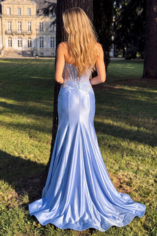 Corset Light Blue Mermaid Ruched Beaded Sweetheart Long Prom Dress with Slit