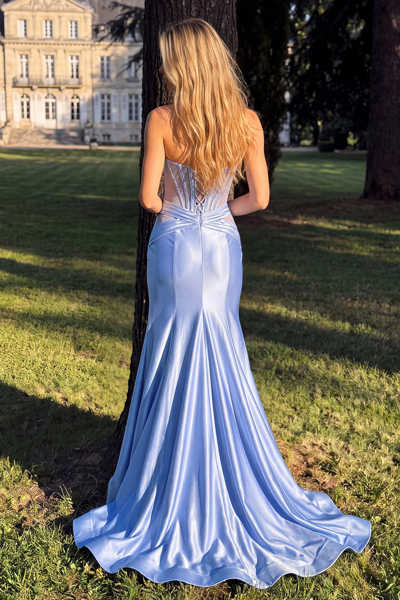 Load image into Gallery viewer, Corset Light Blue Mermaid Ruched Beaded Sweetheart Long Prom Dress with Slit