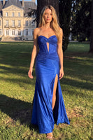 Load image into Gallery viewer, Sparkly Royal Blue Beaded Corset Ruched Mermaid Strapless Long Prom Dress with Slit