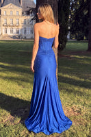Load image into Gallery viewer, Sparkly Royal Blue Beaded Corset Ruched Mermaid Strapless Long Prom Dress with Slit