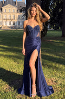 Load image into Gallery viewer, Sparkly Navy Mermaid Beaded Corset Cut Out Ruched Long Prom Dress with Slit