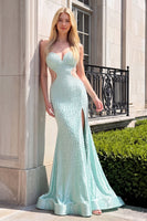 Load image into Gallery viewer, Sparkly Mint Mermaid Cut Out Beaded Halter Long Prom Dress with Slit