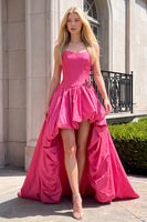 Load image into Gallery viewer, Corset Fuchsia Ruffled A Line Satin Strapless High-Low Prom Dress with Beading